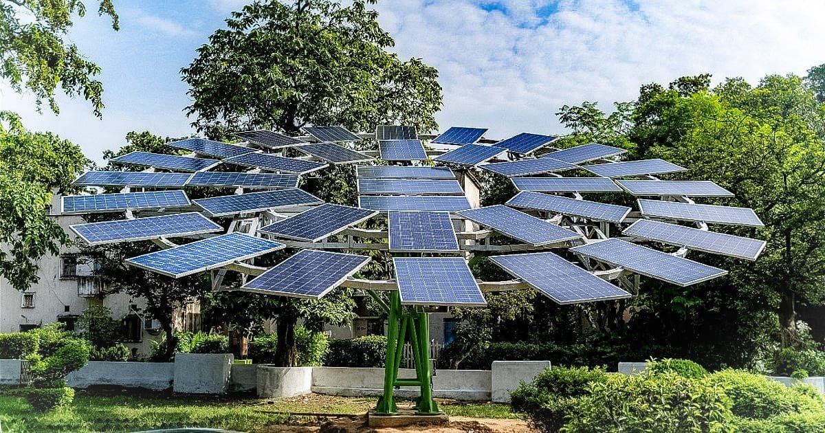 Utility-scale solar park with rows of solar panels